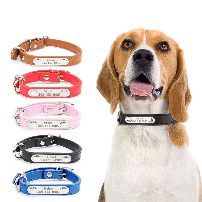Engraved Name Tag Pet Dog Collar for Small Medium Large Dogs Custom ID Nameplate Soft PU Leather Puppy Cat Dog Collar Supplies