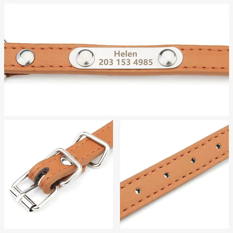 Engraved Name Tag Pet Dog Collar for Small Medium Large Dogs Custom ID Nameplate Soft PU Leather Puppy Cat Dog Collar Supplies