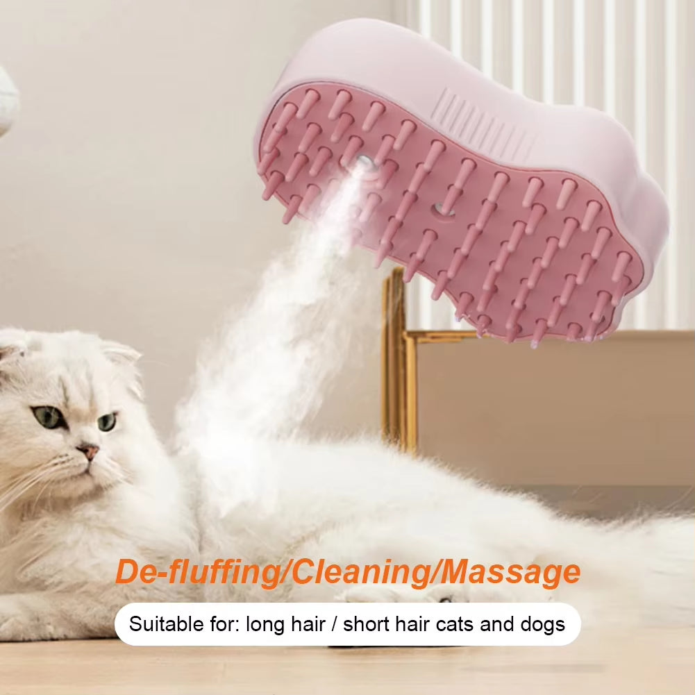 Cat Bath Brush 3 in 1 Multifunction Steaming Grooming Brush Rechargeable Dog Spray Brush for Long/Short Hair Pets Massage Comb