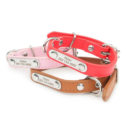 Engraved Name Tag Pet Dog Collar for Small Medium Large Dogs Custom ID Nameplate Soft PU Leather Puppy Cat Dog Collar Supplies