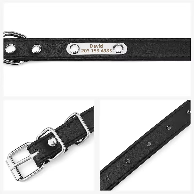 Engraved Name Tag Pet Dog Collar for Small Medium Large Dogs Custom ID Nameplate Soft PU Leather Puppy Cat Dog Collar Supplies