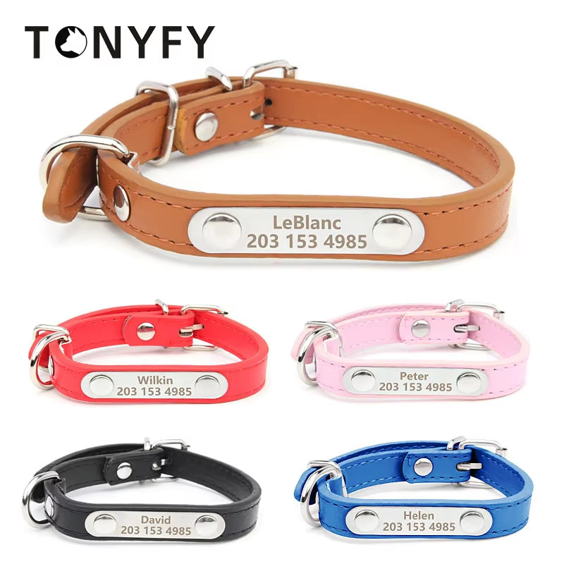Engraved Name Tag Pet Dog Collar for Small Medium Large Dogs Custom ID Nameplate Soft PU Leather Puppy Cat Dog Collar Supplies